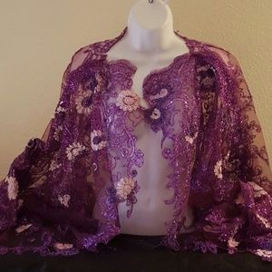 New Purple Embroidered Floral Tulle Lace Top Shrug